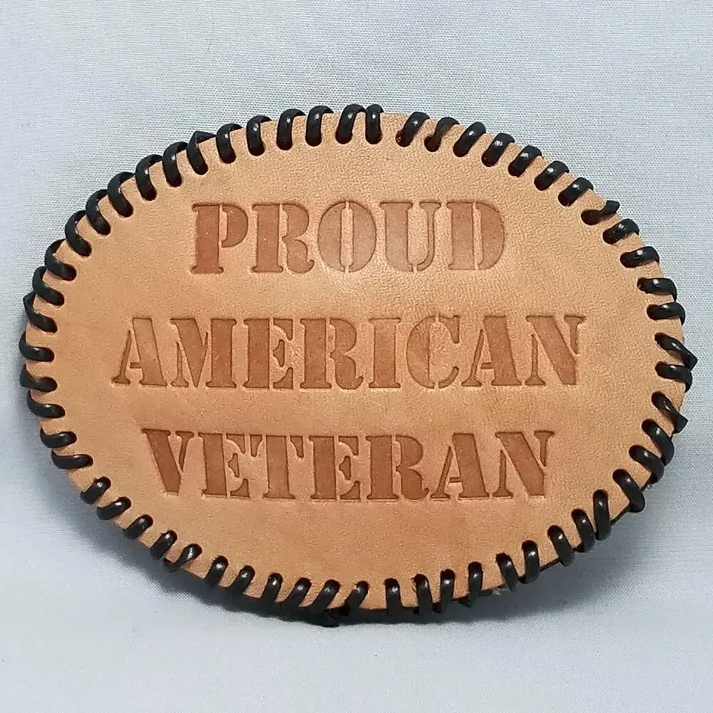 Proud American Veteran Leather Belt Buckle Oval Black Stitch USA Pride